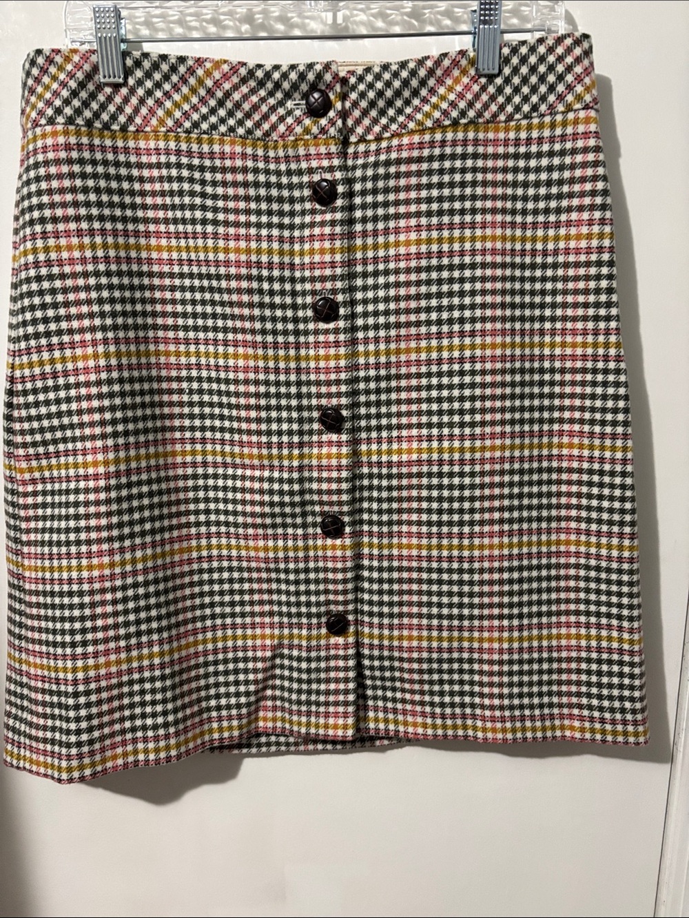 Talbots Button-Front Plaid Mini Skirt in Black, White, Yellow & Pink